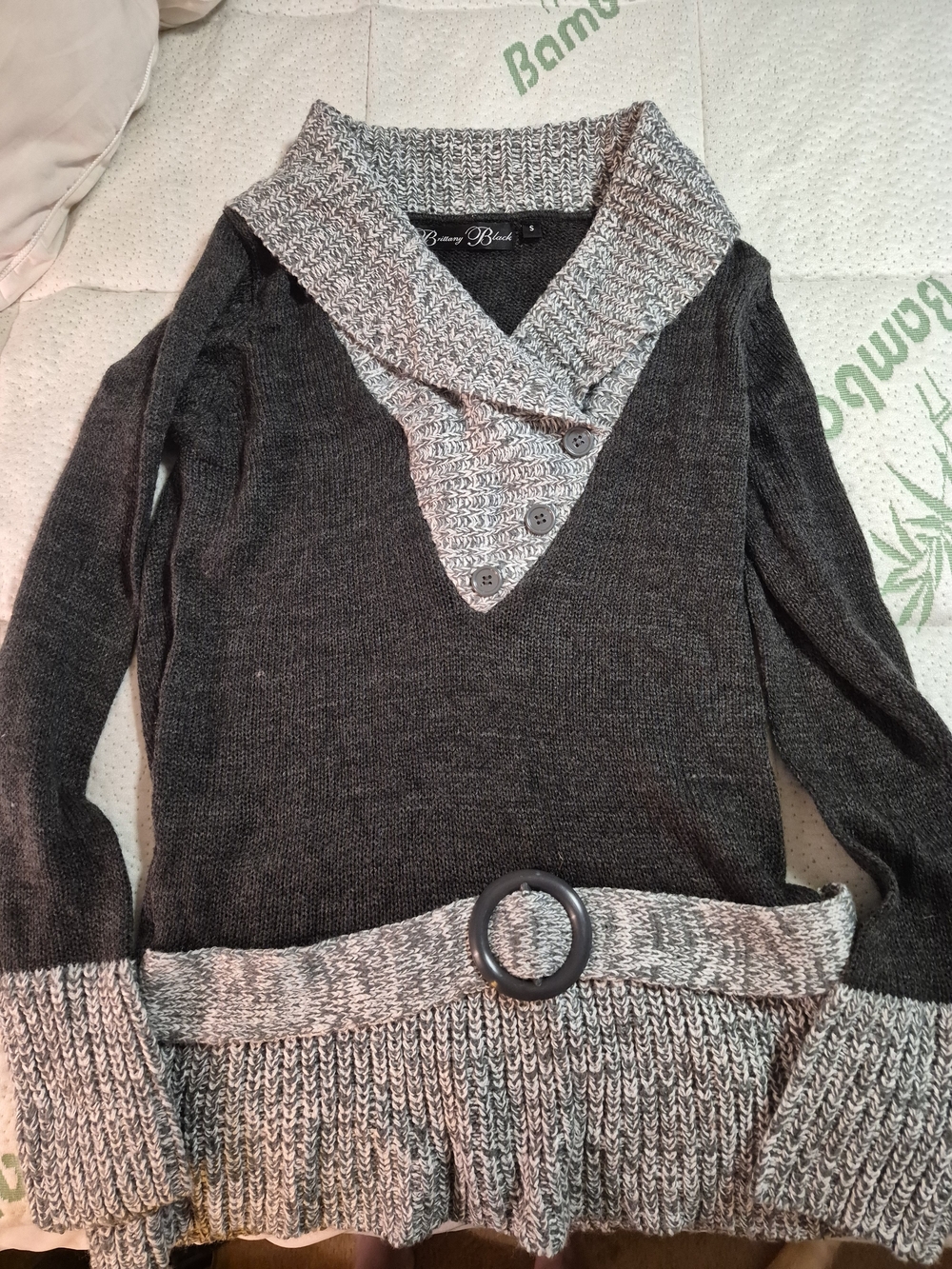 Brittany Black Charcoal Sweater with Cream Marled Trim
